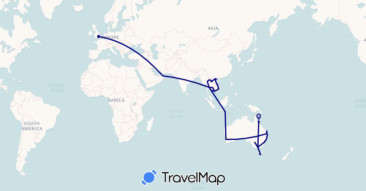 TravelMap itinerary: driving in Australia, United Kingdom, Indonesia, Cambodia, Laos, Oman, Thailand, Vietnam (Asia, Europe, Oceania)